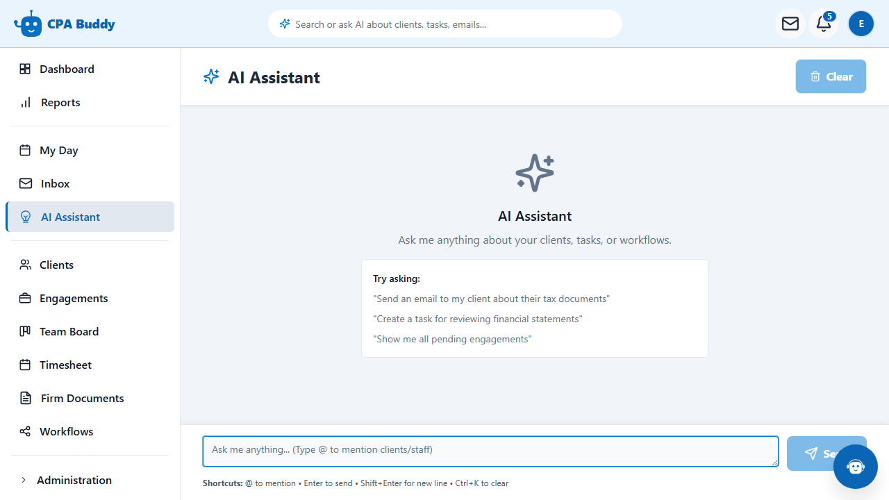 CPA Buddy AI Assistant chat panel, ready to answer questions about the firm’s clients and work