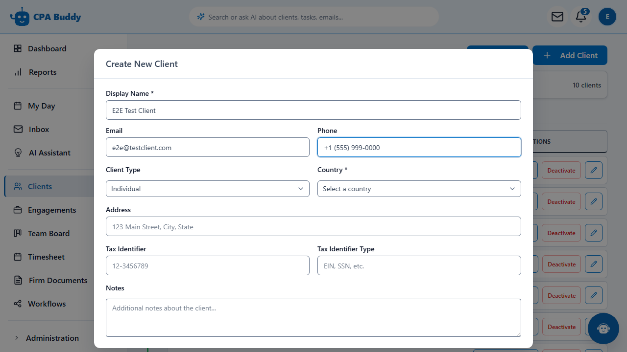 Add Client form in CPA Buddy with the required Display Name, Client Type, and Country fields