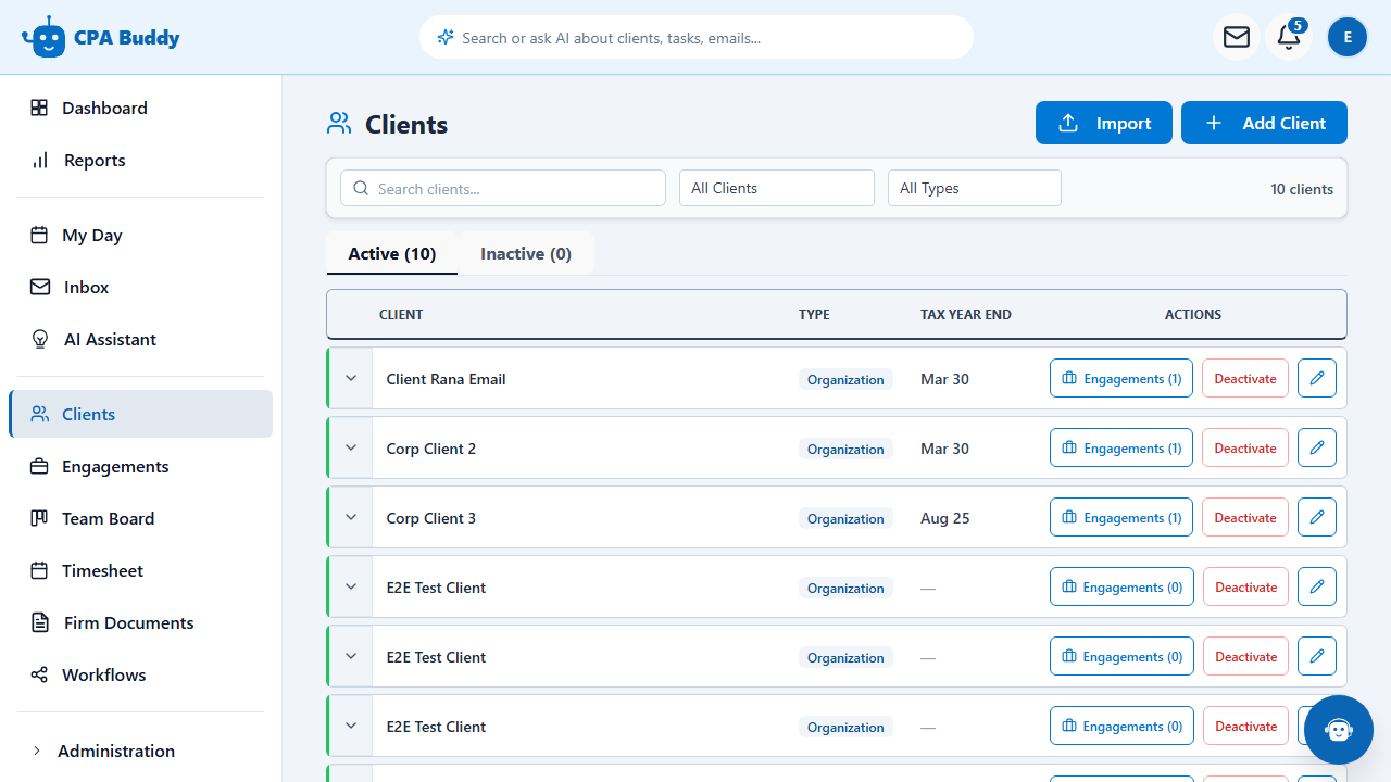 CPA Buddy client list with Active and Inactive tabs and columns for name, type, status, email, and phone