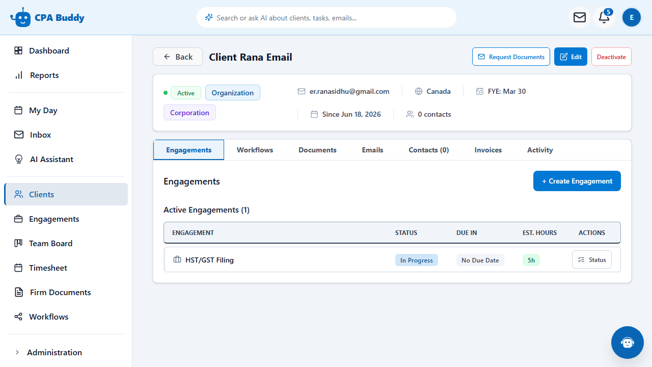 Client detail page in CPA Buddy with a summary bar and tabs for engagements, workflows, documents, emails, and contacts