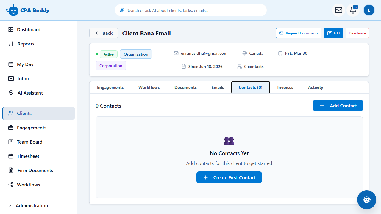 Contacts tab on a CPA Buddy client, listing each contact with their role and the primary contact badge