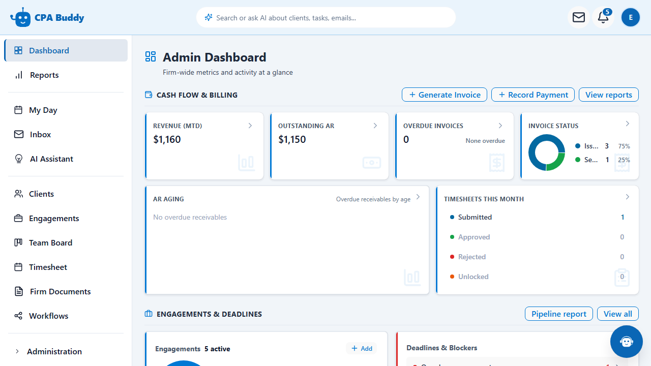 Engagements and deadlines panel on the CPA Buddy dashboard, listing upcoming due dates by engagement