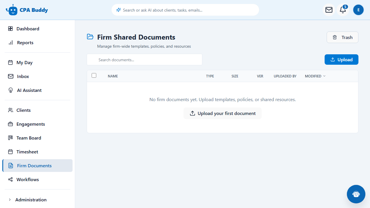 CPA Buddy Firm Documents library listing files with their type, size, and upload date