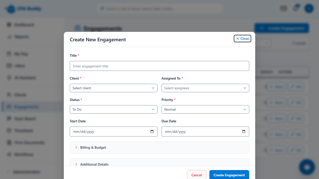 Create engagement form in CPA Buddy, selecting a client, engagement type, due date, and assigned staff