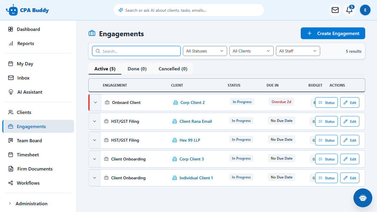 Filtering the CPA Buddy engagement list by status to narrow it to active work
