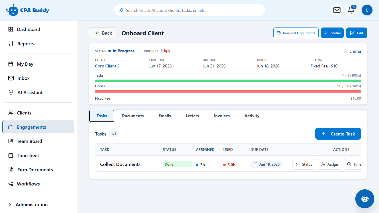 Tasks tab on a CPA Buddy engagement, listing every task created against that piece of work