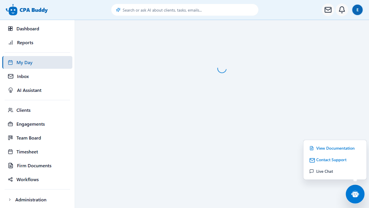 CPA Buddy help menu open in the bottom-right corner, showing View Documentation, Contact Support, and Live Chat