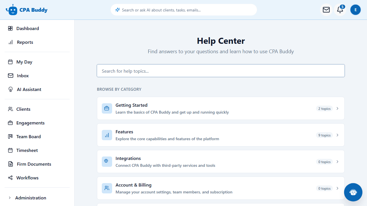 CPA Buddy Help Center home page with the search bar, category tiles, and recently viewed topics