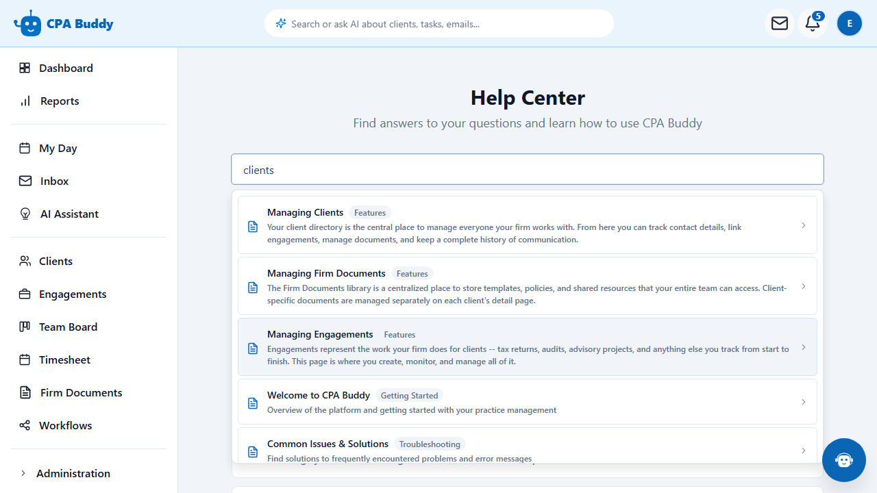 CPA Buddy help topics grouped into Getting Started, Features, Account and Billing, and Troubleshooting categories