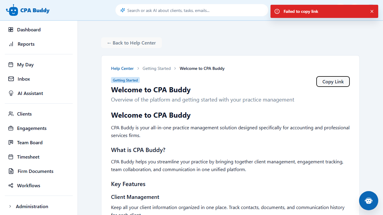 Copy Link button on a CPA Buddy help article, used to share the article URL with a colleague