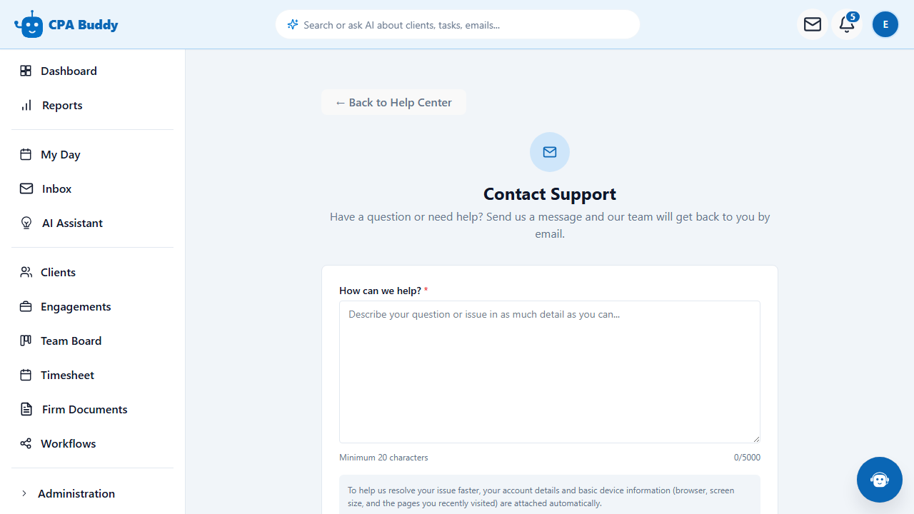 CPA Buddy Contact Support form with fields for a subject line and a description of the issue