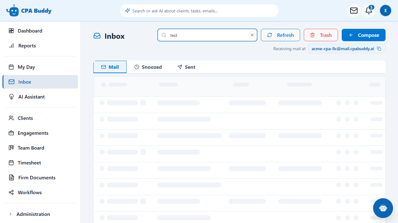 Searching the CPA Buddy Firm Inbox by sender, subject, or message text