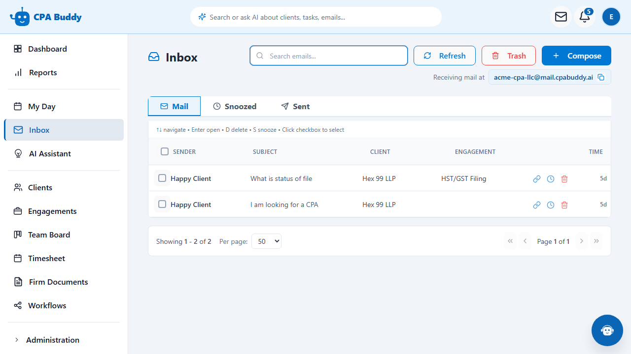 Compose button in the CPA Buddy Firm Inbox, used to send email from the firm address