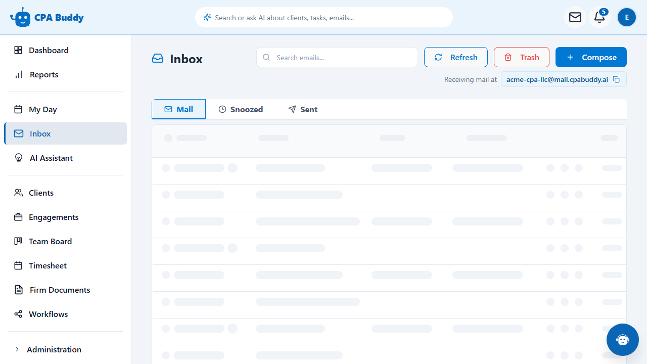 CPA Buddy Firm Inbox showing shared client email with sender, subject, and linked client