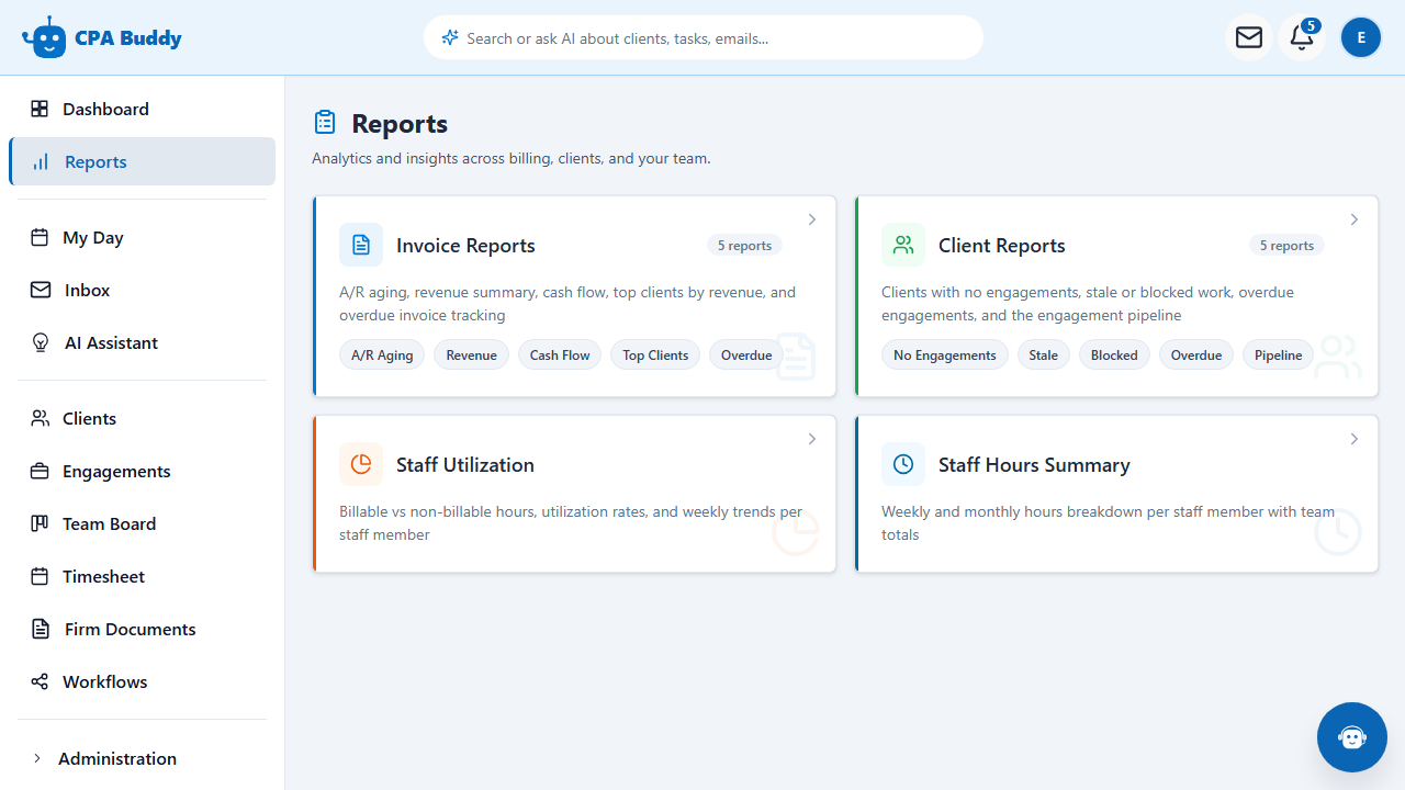 CPA Buddy reports hub listing the available firm reports, including staff utilization and hours summary