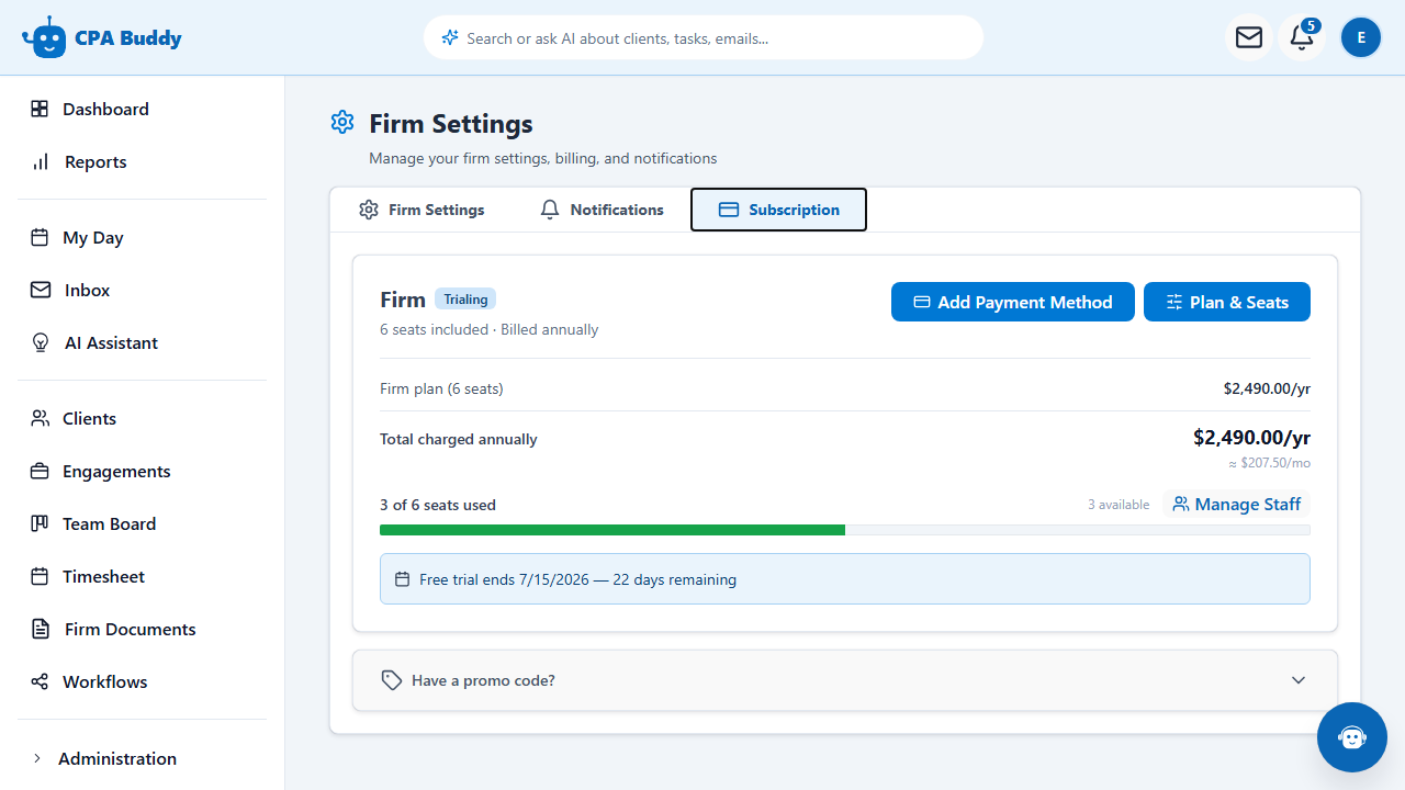 CPA Buddy subscription settings showing the current plan, seat count, and billing period