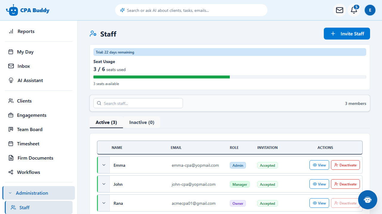 CPA Buddy staff directory listing each team member with their role, status, and contact details