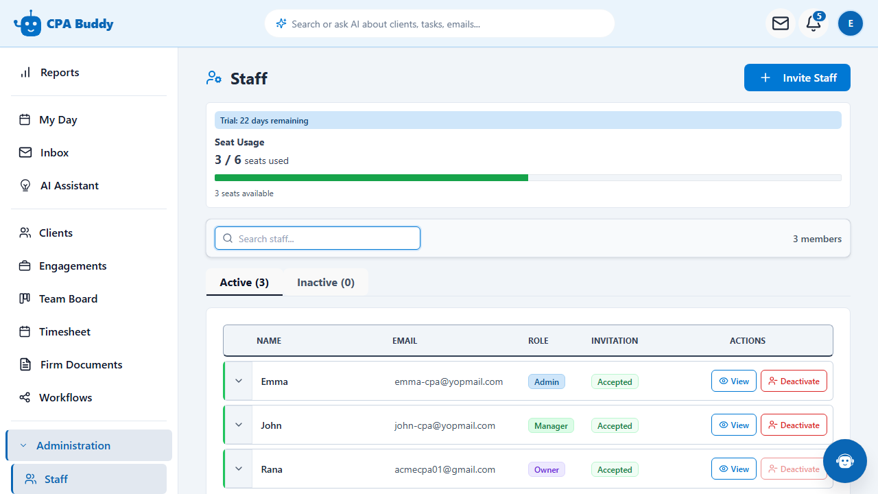Invite Staff button in CPA Buddy, used to send a new team member an invitation email
