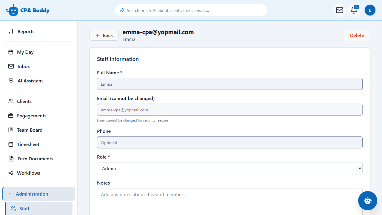 Staff member detail page in CPA Buddy showing role, permissions, and assigned work