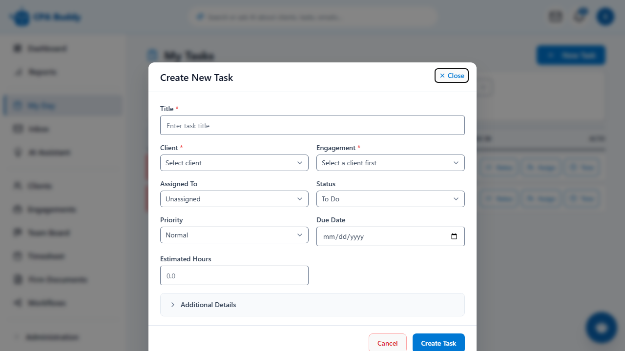 Create task form in CPA Buddy, setting the title, assignee, due date, priority, and linked engagement
