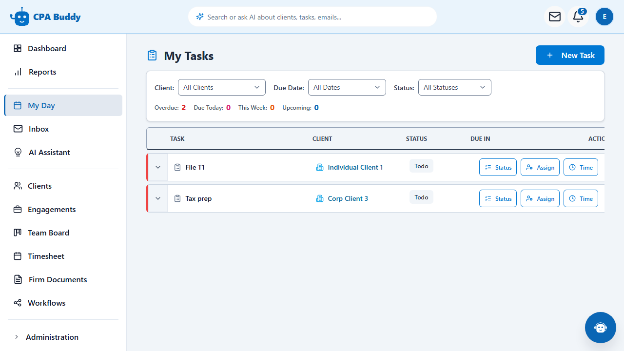 Filtering CPA Buddy tasks by due date to separate overdue work from what is due this week