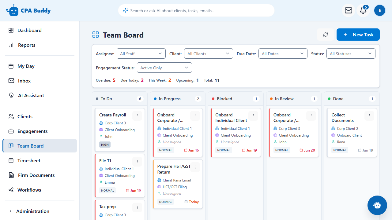 Task cards on the CPA Buddy Team Board showing assignee, due date, and status at a glance