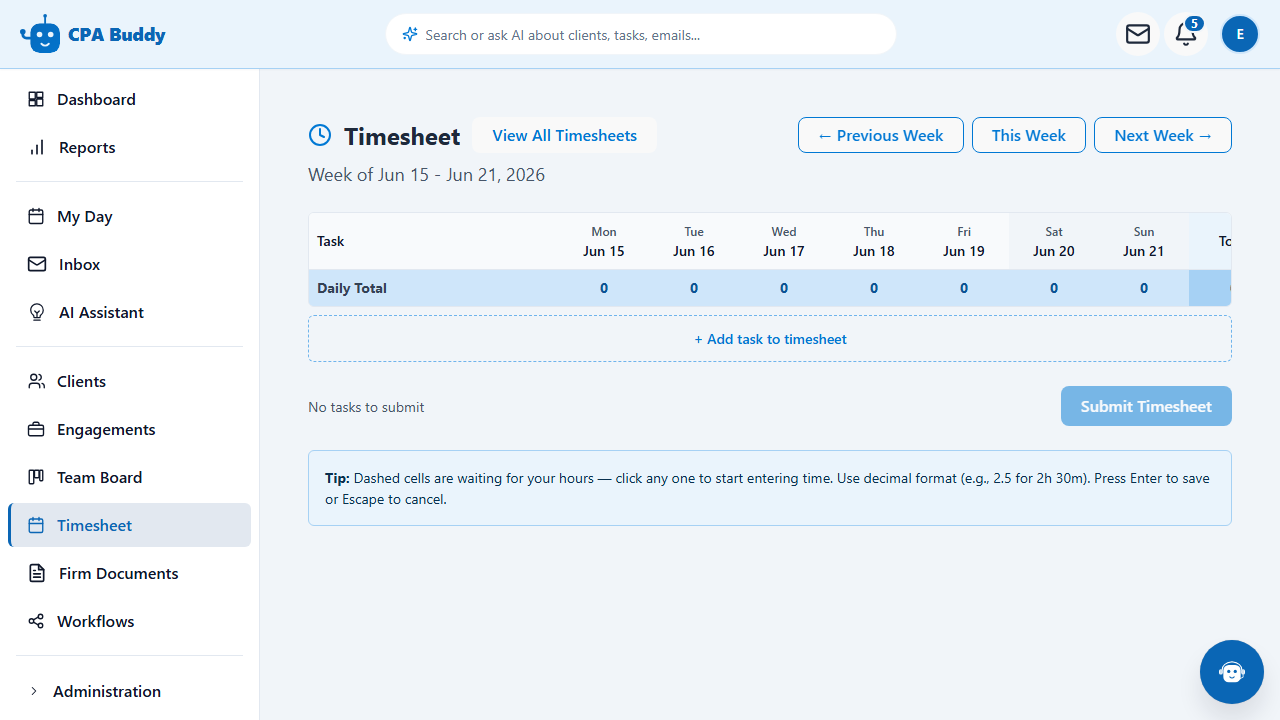 Week navigation controls on the CPA Buddy timesheet, used to move between pay periods