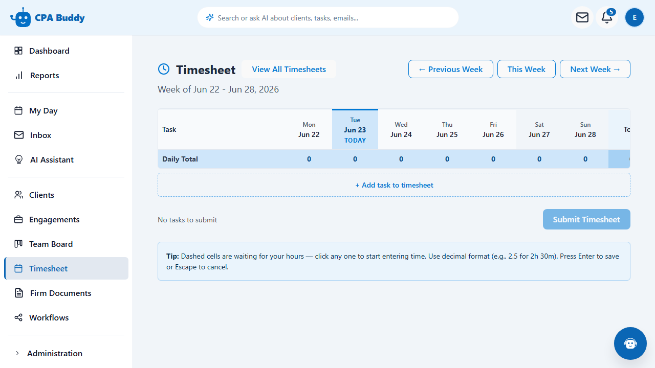 Submit button on a completed CPA Buddy timesheet, sending the week for manager approval