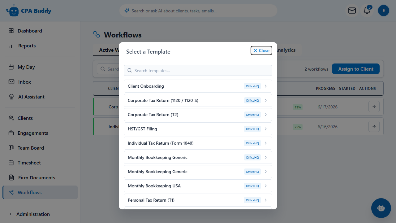 Assigning a CPA Buddy workflow template to a client, choosing the template and start date