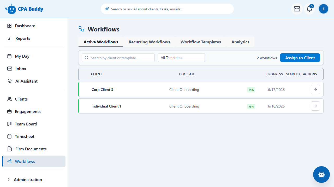 CPA Buddy workflows page listing templates and active client workflows with completion progress