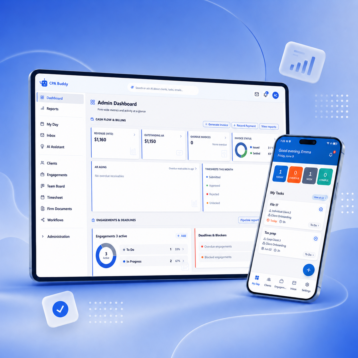 The CPA Buddy dashboard showing clients, deadlines, and tasks in one place