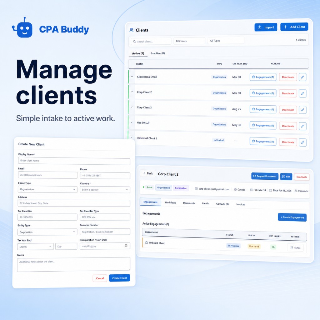 CPA Buddy client list — all clients, engagements, and firm work in one place