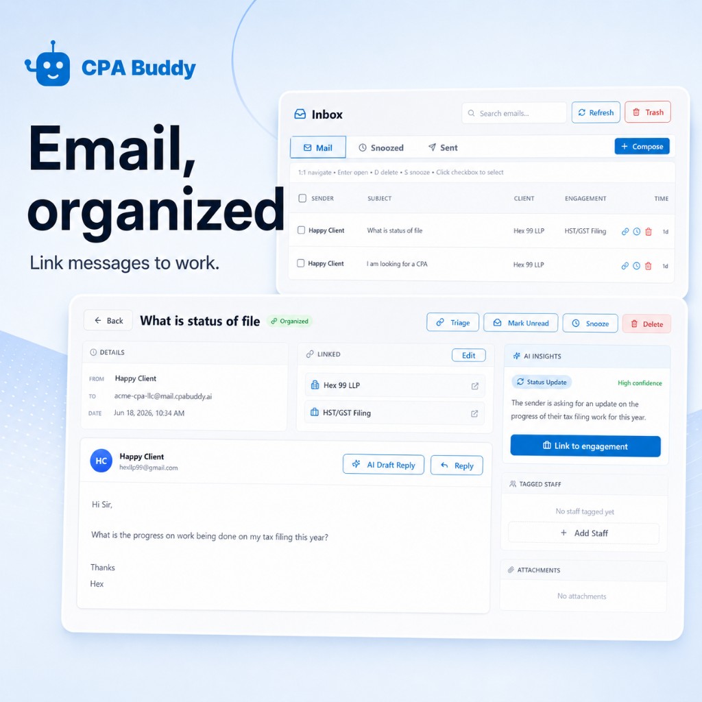 CPA Buddy shared inbox — email organized by client and engagement