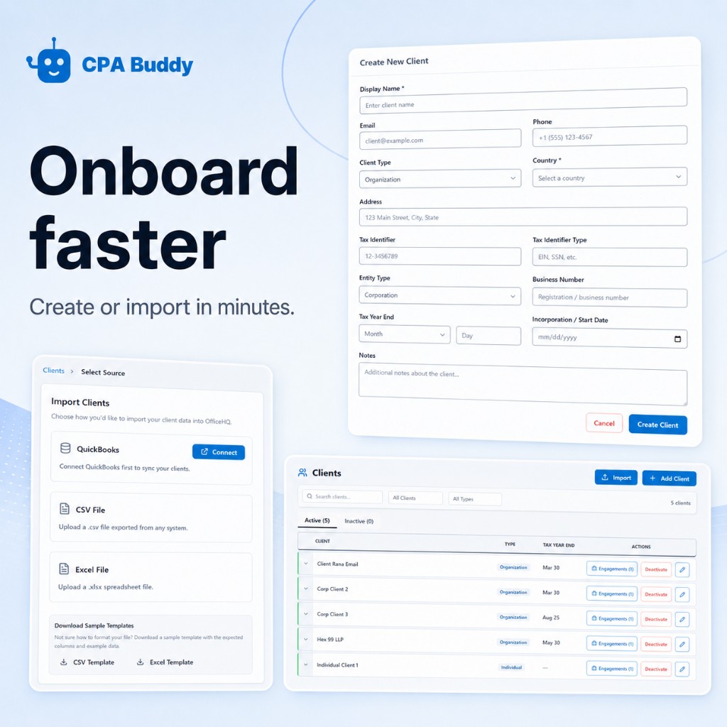 CPA Buddy client import — bring clients from QuickBooks, CSV, or Excel in minutes