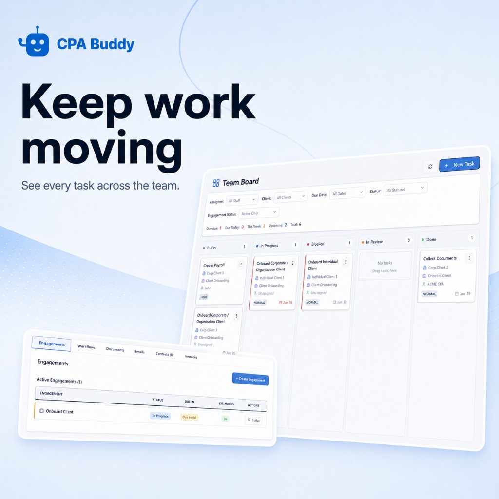 CPA Buddy team board — see overdue, due today, and upcoming tasks across the firm