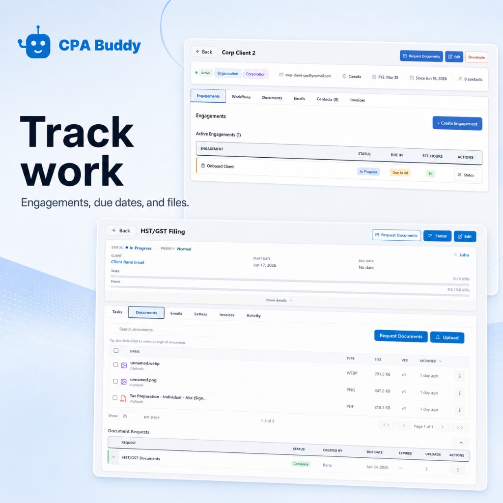 CPA Buddy engagement documents — upload, request, and track client documents in one place