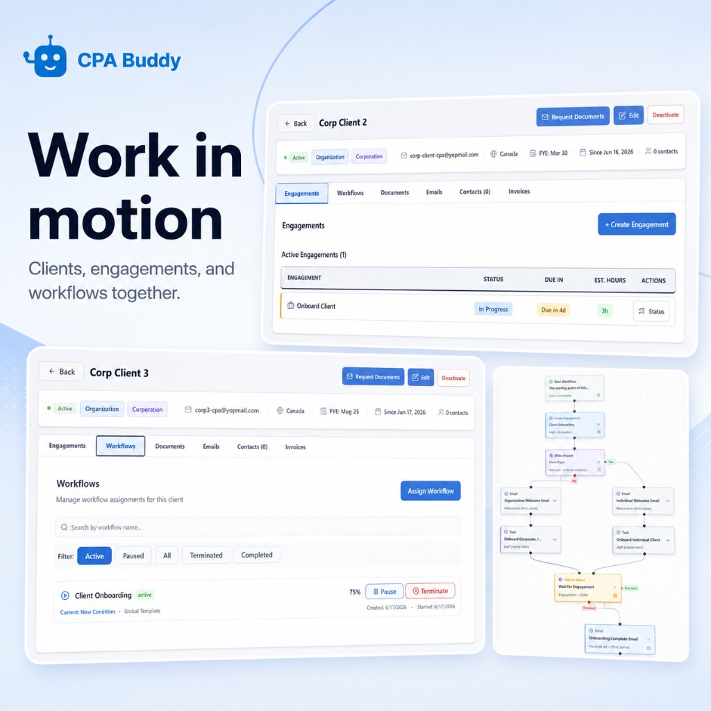 CPA Buddy client record — emails, engagements, and workflows all in one place