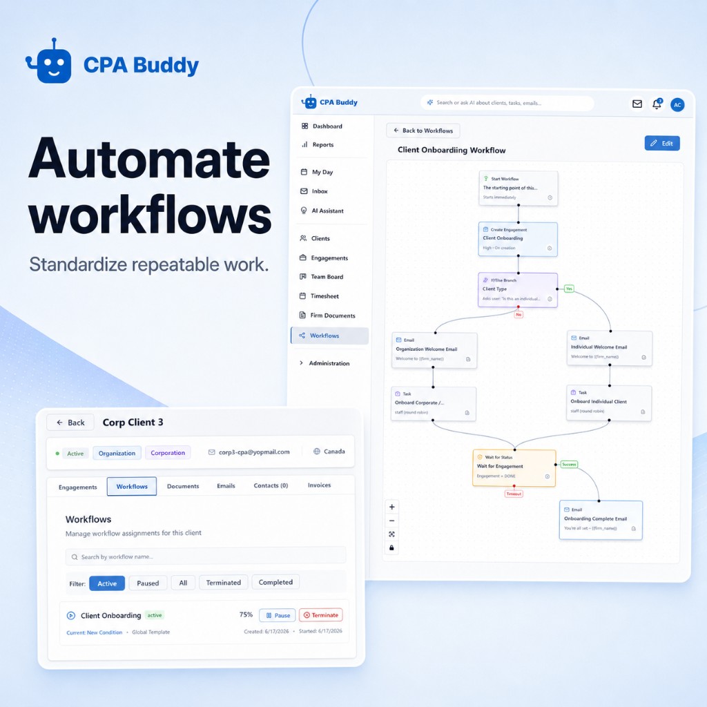 CPA Buddy workflow builder — automate document request reminders and follow-ups